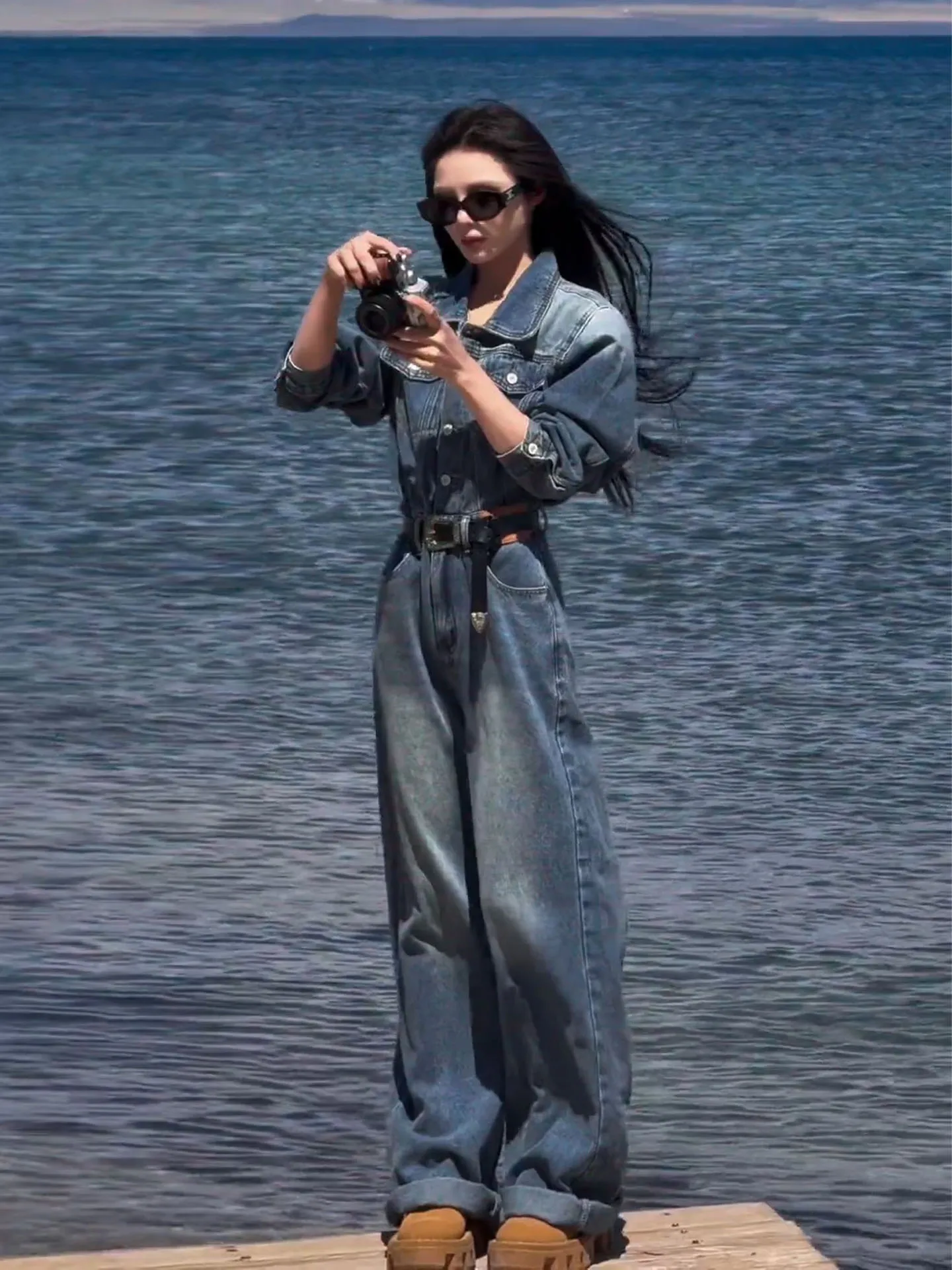 Mono vaquero Retro americano Waed para mujer, traje de una pieza de pierna ancha, holgado, informal, adelgazante, pantalones largos de cintura alta, corte recto