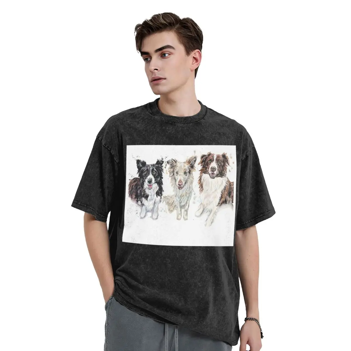 Border Collie Washed T Shirts Oversized Short Sleeve Hip Hop T-Shirt Streetwear Tops Tees for Men Women