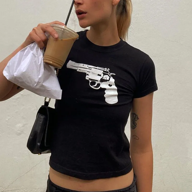 Women\'s Summer Skinny Crop Tops 2000s Gothic Grunge Print T-shirt Funny Short Sleeve Kpop Harajuku Streetwear Tees Y2k Clothes
