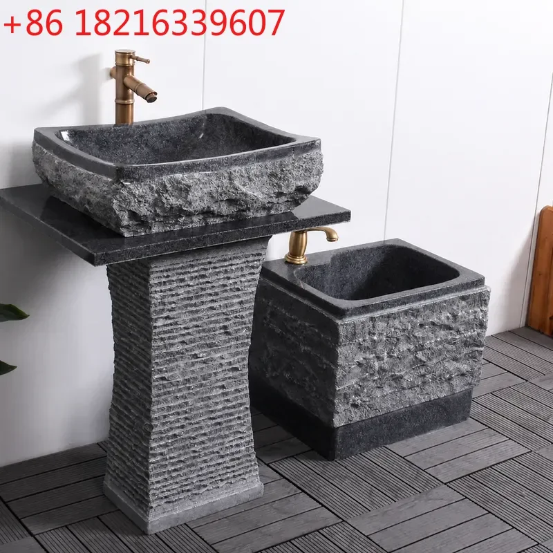 YAO Outdoor Marble Wash Basin Courtyard Stone Sink Column Balcony Household Pedestal Basin for Garden Patio Bathroom Vanity