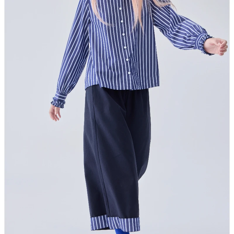 Autumn Winter New Navy Blue Versatile Color-Block Pleated Women's Wide-Leg Pants Retro Design Loose Slimming Trousers Ladies