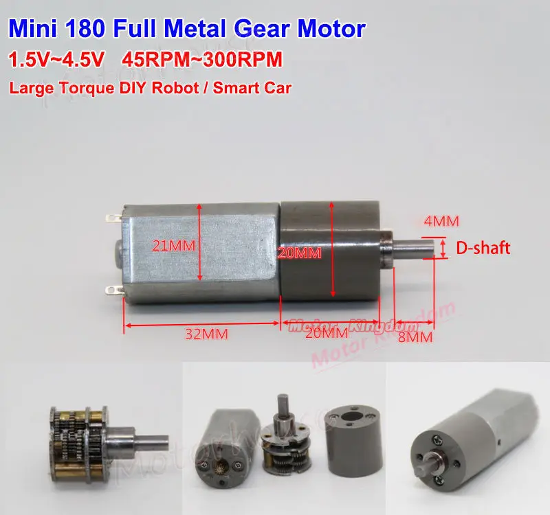 Mini 180 Full metal Gearbox Gear Motor DC 1.5V-4.5V 3V 300RPM Slow Speed High Torque Micro Electric Gearmotor 4mm D Shaft Robot