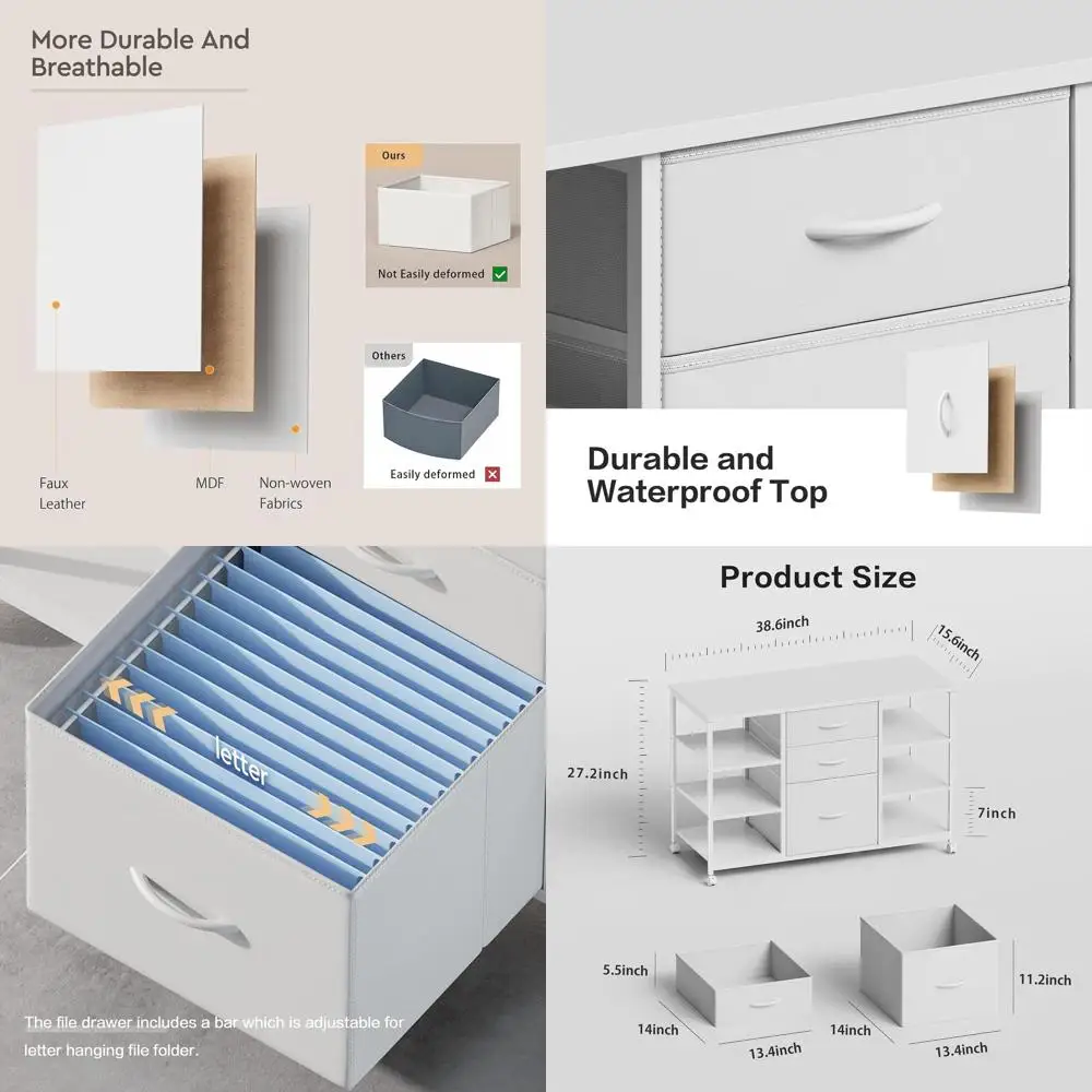 خزانة ملفات جانبية من القماش ذات 3 أدراج باللون الأبيض مع حامل طابعة دوارة و4 أرفف تخزين للمكتب المنزلي