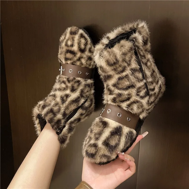 New Winter Snow Boots for Women Round Head Leopard Print Plush Side Zipper Belt Buckle Anti-slip Wear-resistant Short Boots