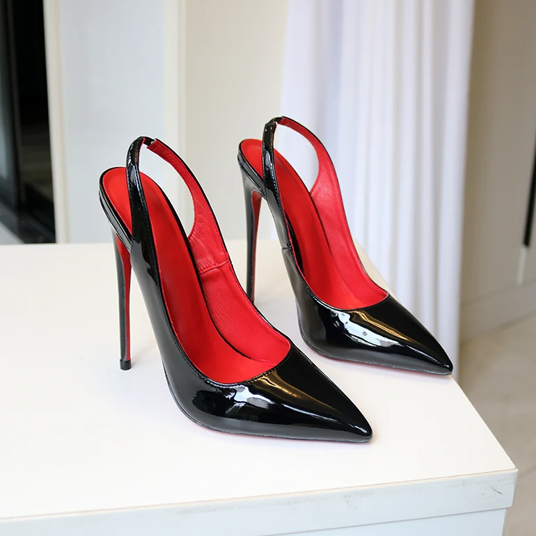 

Новые пикантные туфли на очень высоком каблуке с ремешком на спине, тонкими каблуками и острым носком из лакированной кожи для ночного клуба