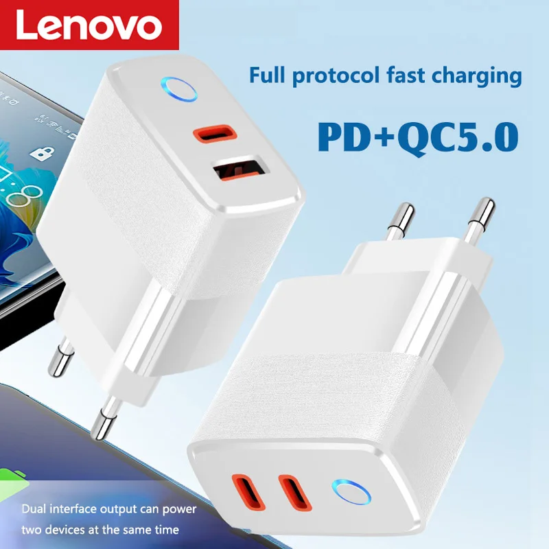 Lenovo PD QC5.0 Fast Charger 2-Port USB C USB A Wall Charger with LED Dual Port Quick Charge Adapter for iPhone Xiaomi Samsung