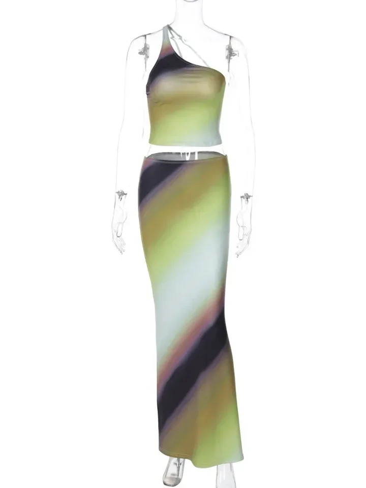 Elegant One Shoulder Green Gradient Color Vacation Beach Dress 2 Piece Set Women One Shoulder Backless Tank Top Long Skirts Suit