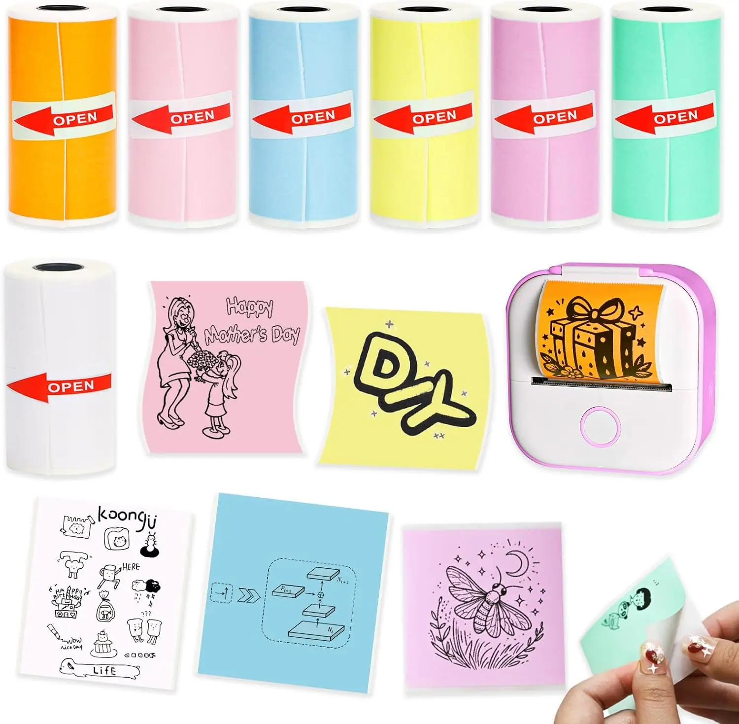 

7 Rolls Mini Printer Sticker Paper 53x28mm for Study Notes, Journals, Photos - Colorful Self-adhesive Thermal Paper