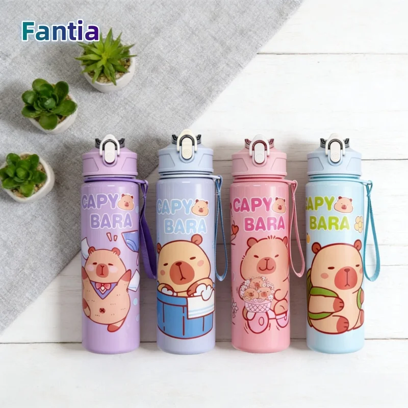 

750ml Capybara Cute Water Bottle Large Capacity Sports Water Bottle with Straw & Handle Kawaii Water Cup for Outdoor Activities