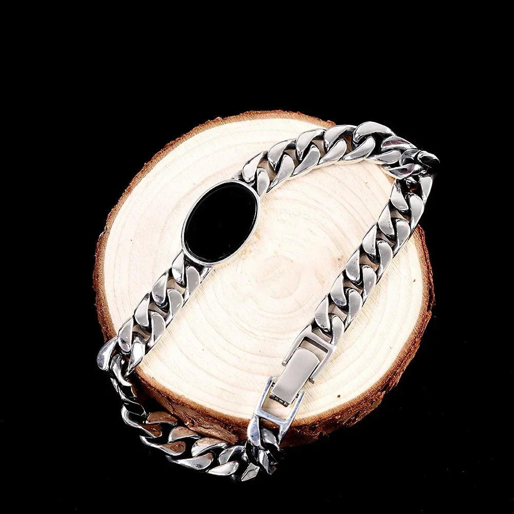 New Silver Color High-end European and American Trendy Men's Inlaid Black Stone Bracelet Simple Fashion Jewelry