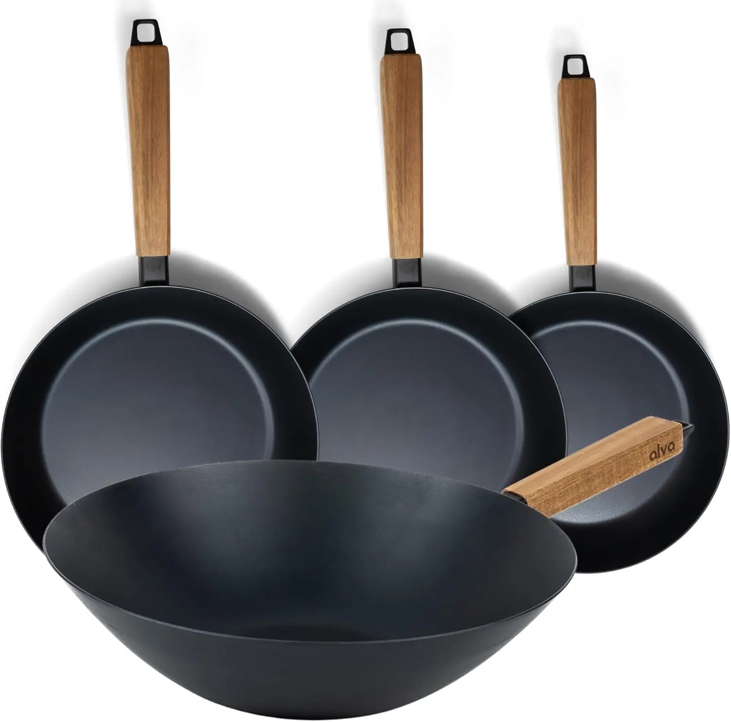 

Forest 4-Piece Blue Carbon Steel Pan & Wok Set - Pre-Seasoned, Natural Nonstick, PFAS/PFOA/PTFE-Free - Healthy, Non-Toxic Cookwa