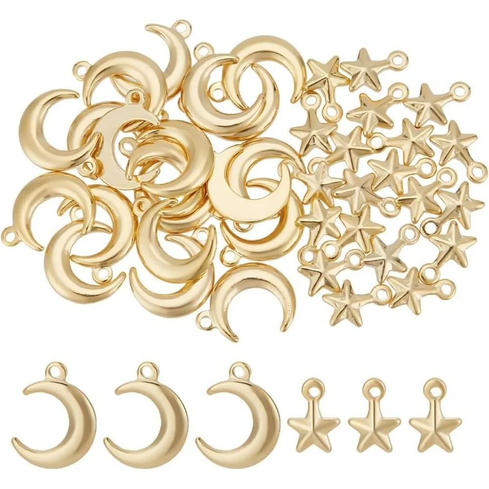 40Pcs 2 Styles Real 24K Gold Star Charms Brass Moon Charms Celestial Pendants Mixed Styles Pendants 3D Star Charms for Jewelry