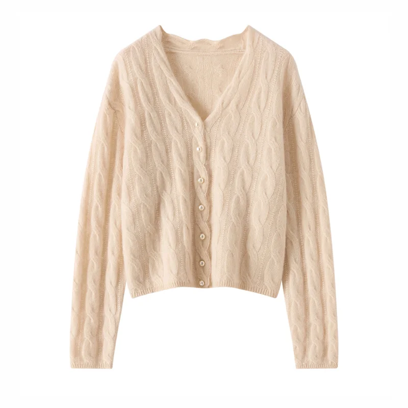 Autumn Winter One Size 7 Needle Pearl Button Women's Cardigan 100% Cashmere Sweater V-Neck Knitted Twist Coat Sweater Base Shirt