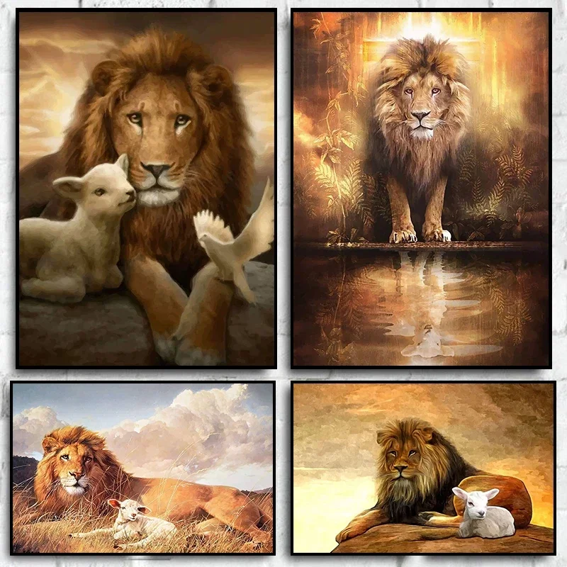 Vintage Lion And Lamb Stand Together Canvas Painting Wall Art Christian Jesus Posters And For Porch Living Room Decor