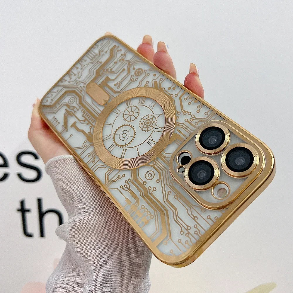 

Fashion Plating Line Pattern Magnetic Phone Case for iPhone 14 13 12 11 Pro Max Plus Colored Camera Glass Lens Protective Cover