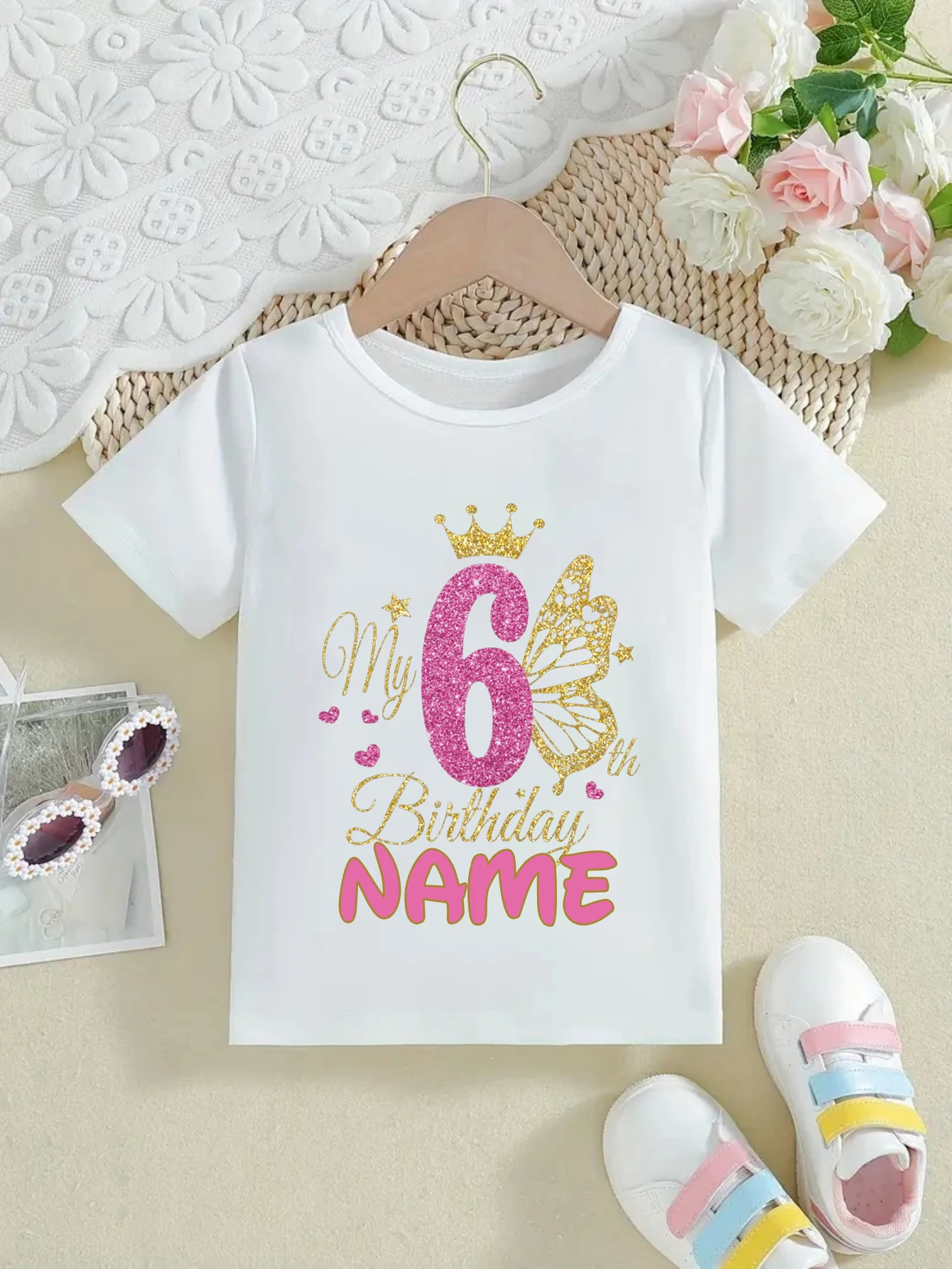 Custom Name Glitter Butterfly Crown 2nd-8th Birthday Gift Tshirt For Girls White Kawaii Kids Clothes Summer Fashion T-Shirt