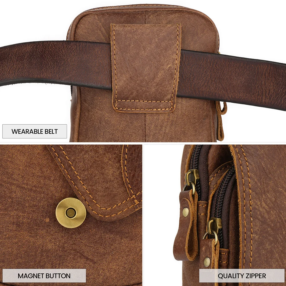 Riñonera marrón de cuero genuino para hombre, bolsa para teléfono, a la moda, cuero de vaca