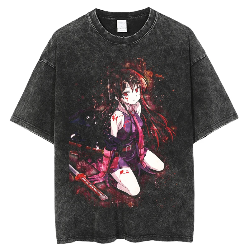 New Akame Ga Kill Anime Washed T-shirt Cartoon Print Short Sleeve T Shirt Harajuku Cartoon Summer Oversize Men tops