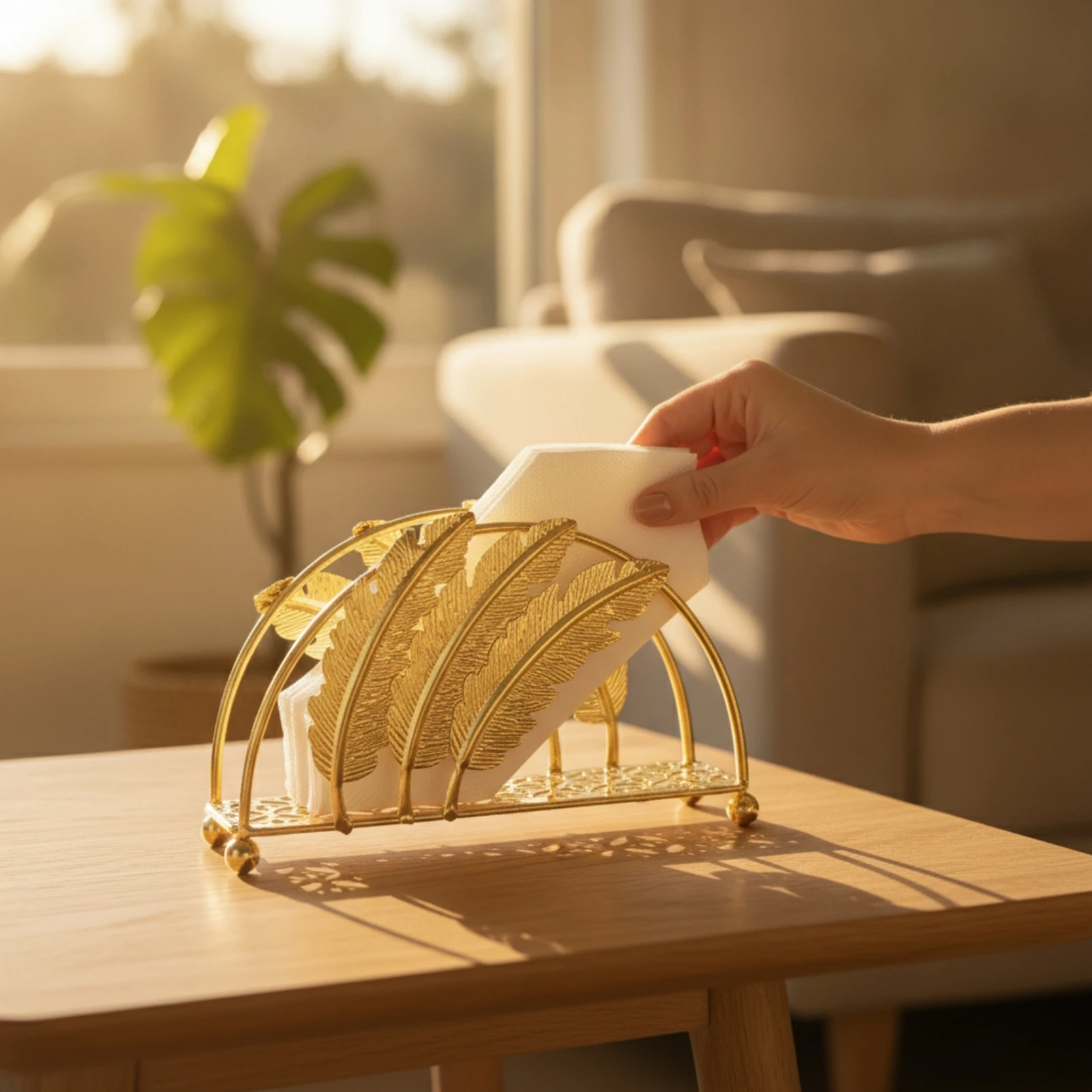 Tissue Holder with Feather Panels Metal Freestanding Napkin Holder Standing Napkin Dispenser Elegant Sturdy for Dining Table