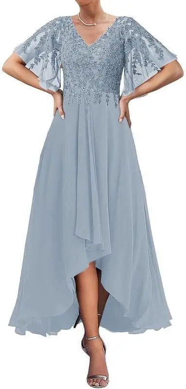 

Mother of The Bride Dresses with Sleeves V Neck Tea Length A Line Dresses for Women