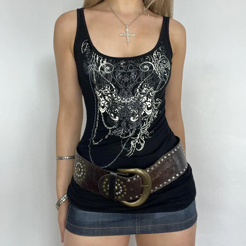 SUCHCUTE Y2K Gothic Tank Top Women U‑Neck Graphic Print Sleeveless Slim-Fit Black Vintage Streetwear Cami Top Casual Coquette