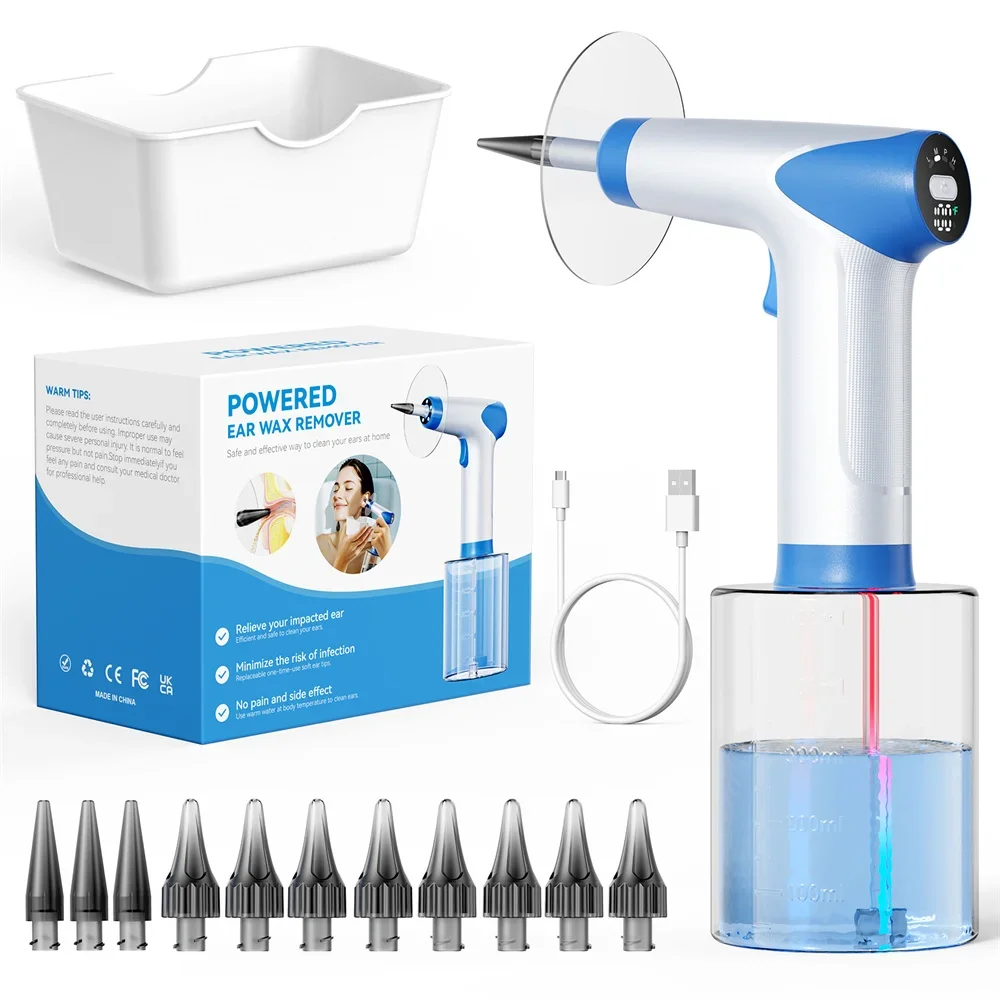 Electric Ear Wax Remover Kit Earwax Removal Tool with 11 Nozzles and 500ml Transparent Water Tank 4-Speed Safe Gentle Ear Clean