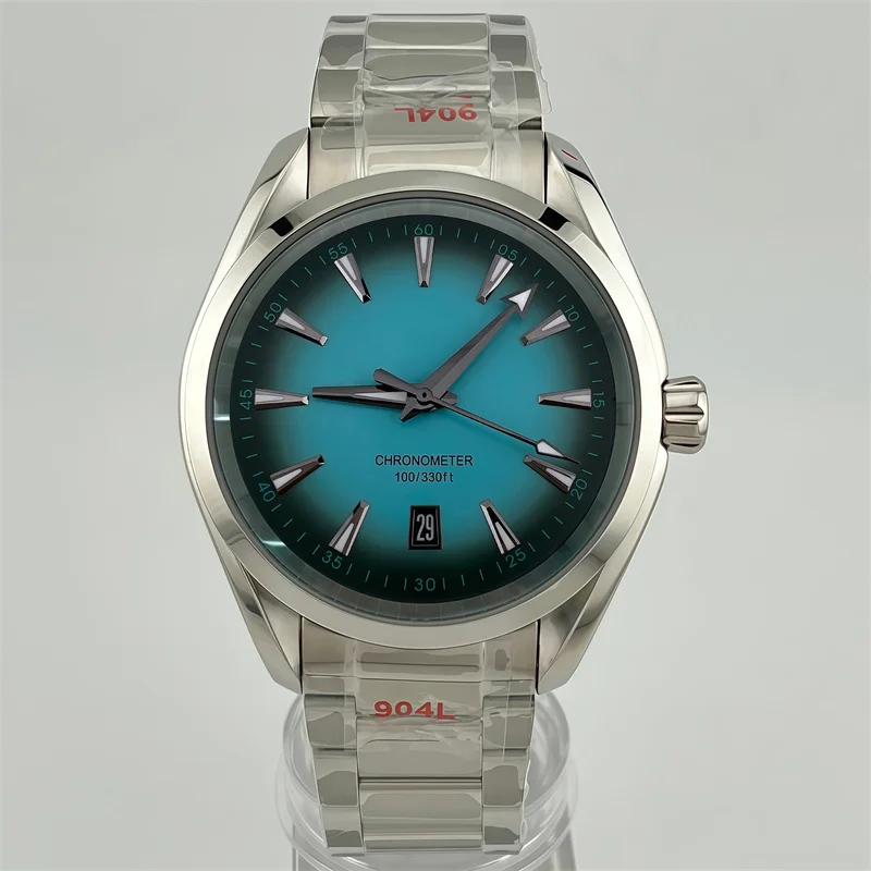 NH35 40mm men's mechanical watch with gradient blue dial 6 o'clock position date window sapphire glass water resistant 100 meter