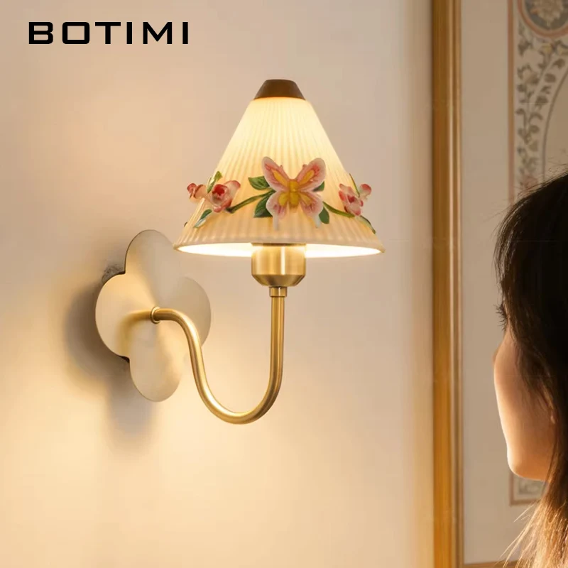 BOTIMI 2026 New Arrival Ceramics Lampshade Wall Lamp Bedside Bedroom Luminaire Sconce Hotel Project Lights