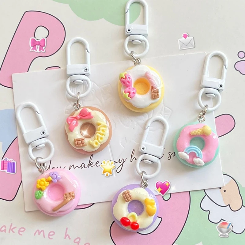 Cute Doughnut Pendant Keychain Backpack Earphone Case Decoration Ornament Car Charm Pendant Couple Jewelry Gifts