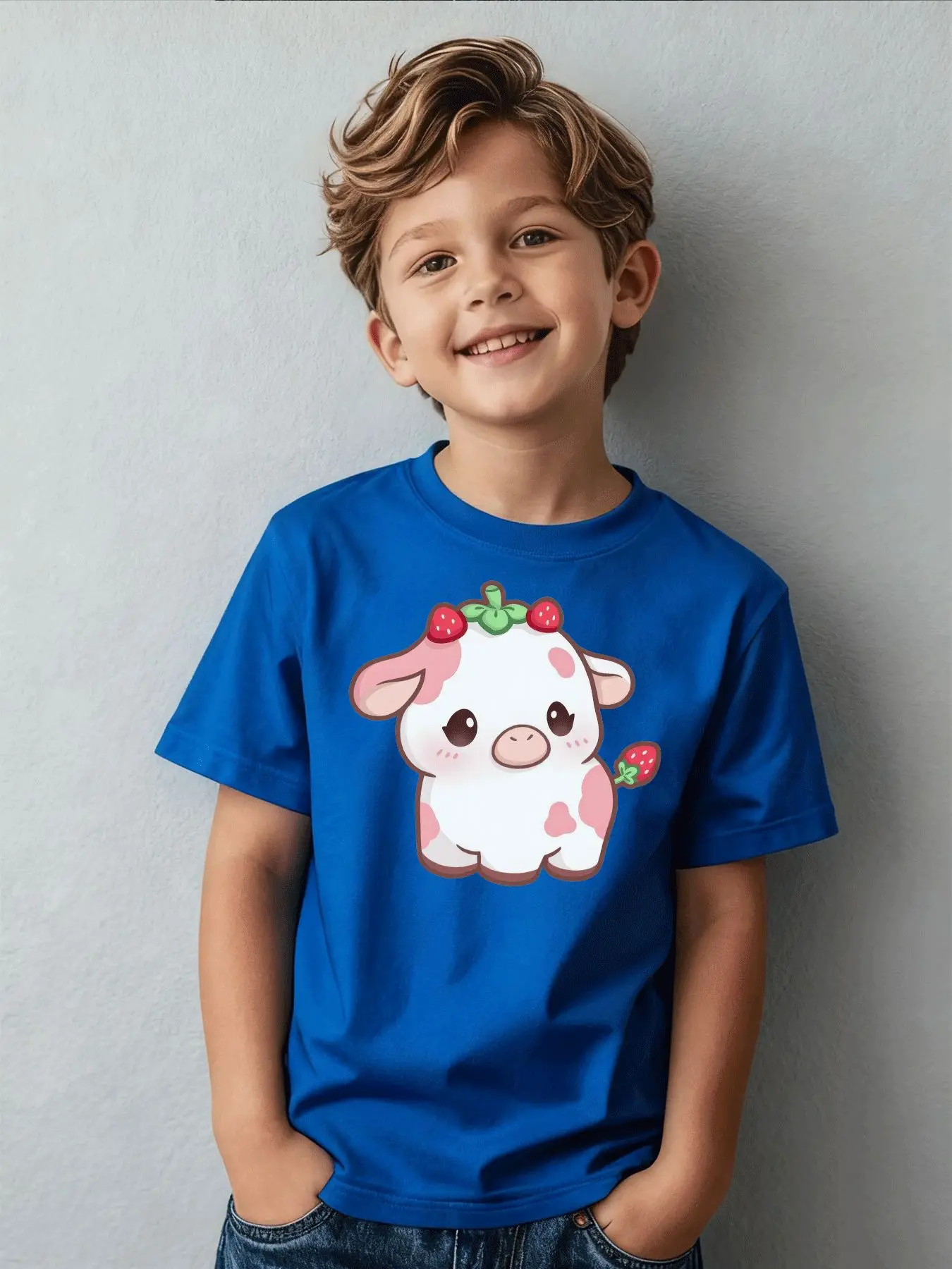 Summer Children's Fashion T-shirt Super Cute Strawberry Cow Design Printed T-shirt Parent Child Casual Daily Top