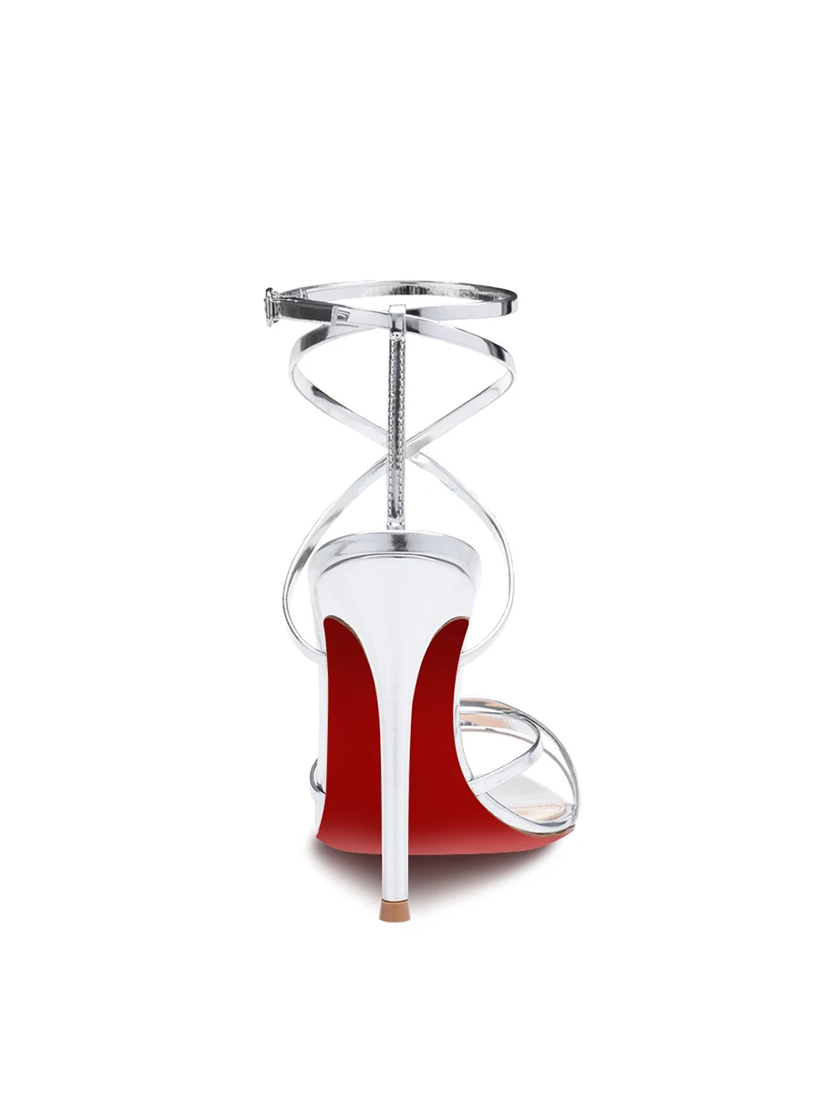 New silver pointed toe exposed cross straight strap sandals with slim heels for women, red soled high heels, fashion shoes