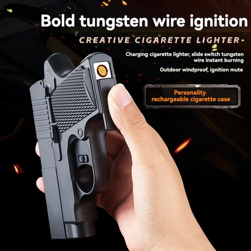 New Gun Model PIistol Cigarette Case Rechargeable Tungsten Wire Cigarette Lighter One-click Smoke Outlet Multifunctional Igniter