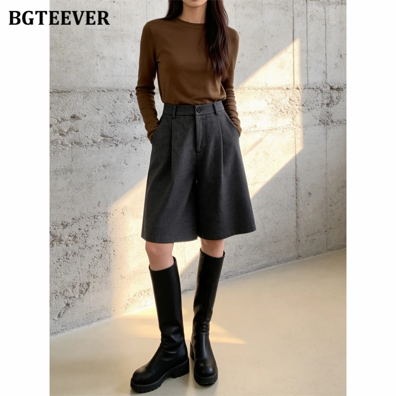 BGTEEVER Women's Wool-Blend Wide-Leg Shorts Korean-Style High-Waisted Mid-Length Shorts Flattering Straight-Leg A-Line Shorts