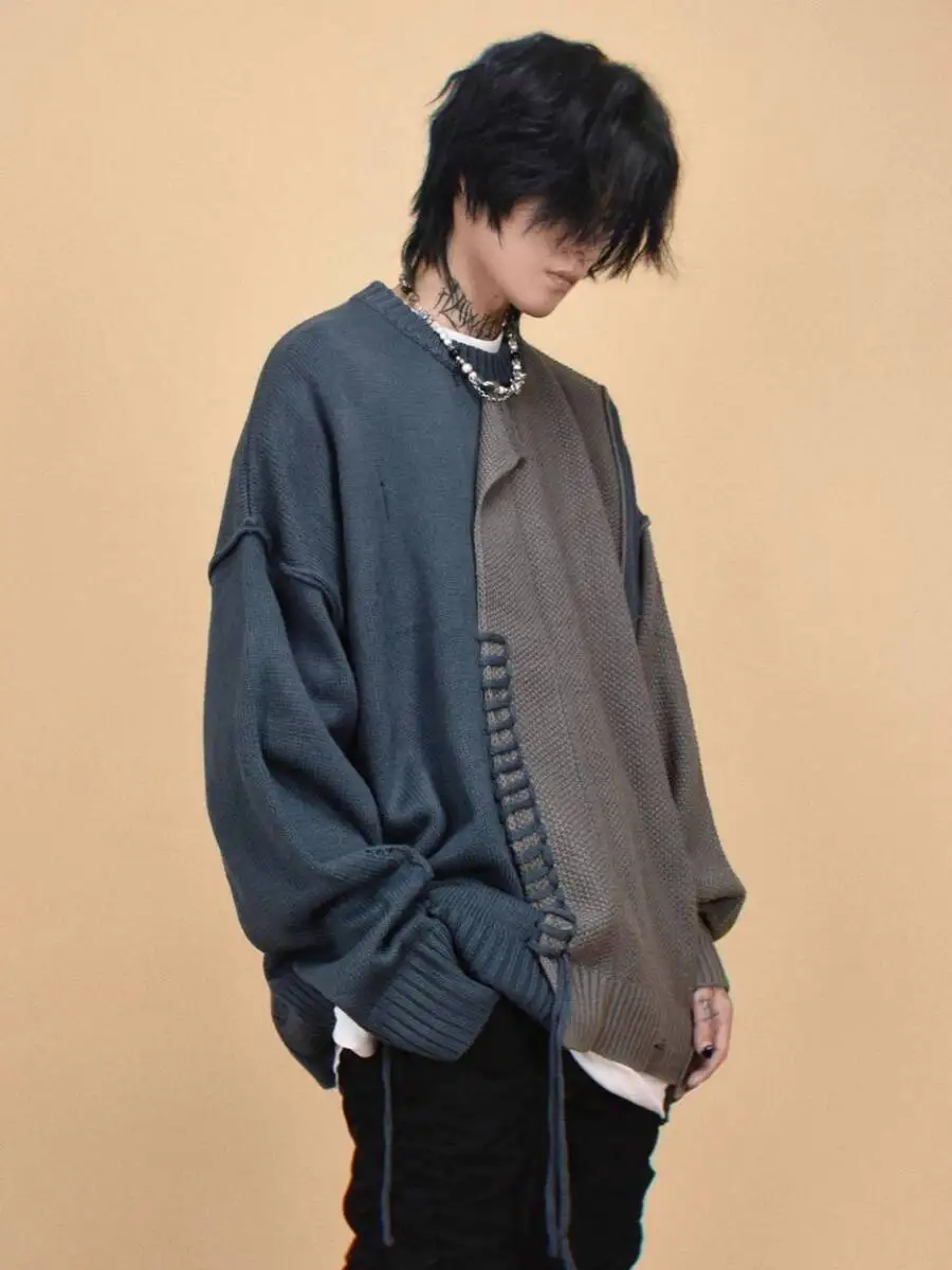 

Autumn Men's Streetwear Niche Sweater Irregular Stitching Color Block Patchwork Design Round Neck Pullover Knitwear