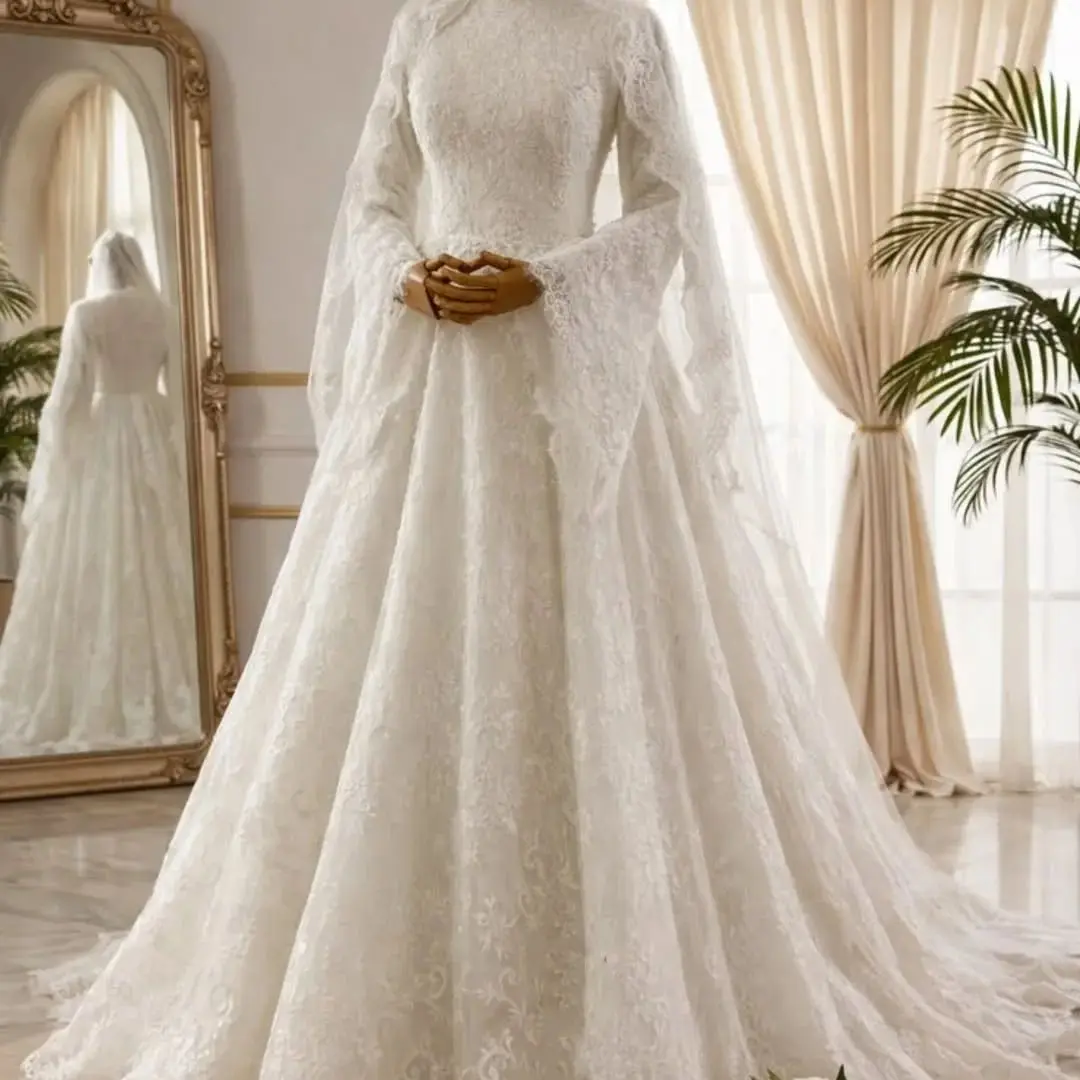 Flavinke Customized Muslim Lace High Neck Wedding Dresses Flared Long Sleeve Lace Appliques A-line Bridal Gowns Vestido De Novia