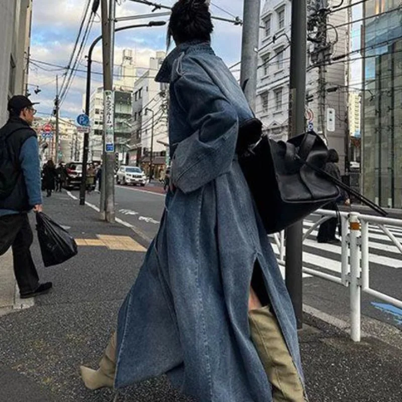 Autumn Winter Long Trench Coat Women's Over-the-Knee Extra-Long Vintage Washed Denim Trench Coat Blue Best-Selling Drapey Coat