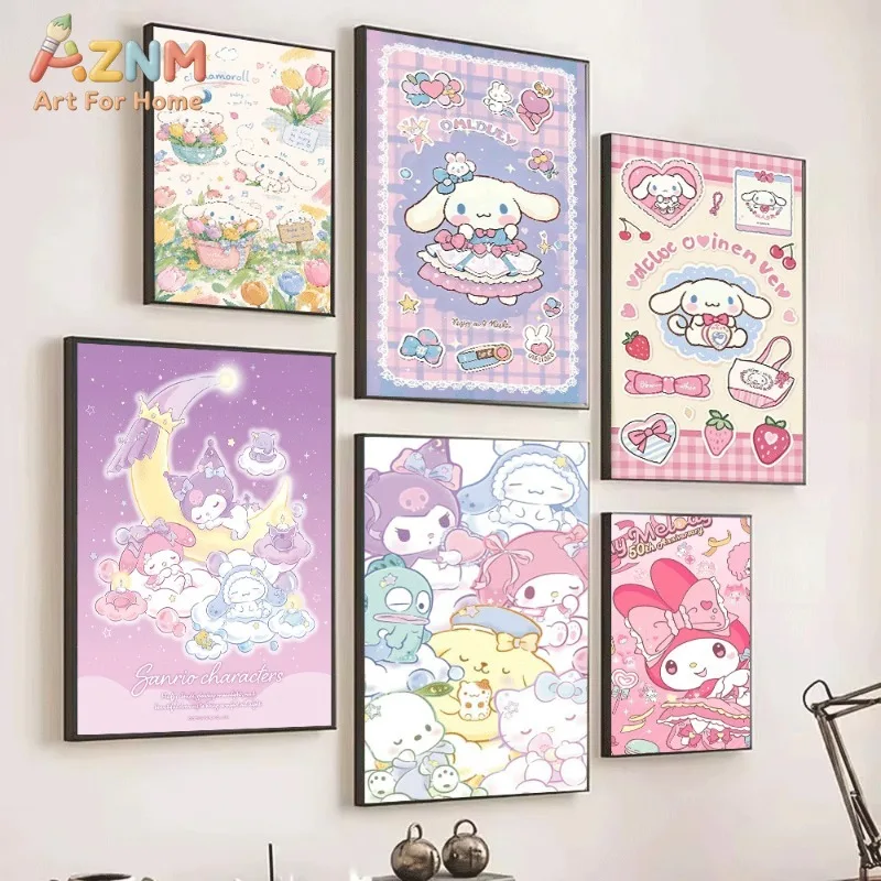 Sanrio Cinnamoroll Canvas Wall Art Unframed Print Tulip Floral Fresh Cartoon Poster for Bedroom Dorm Home Interior Wall Deco