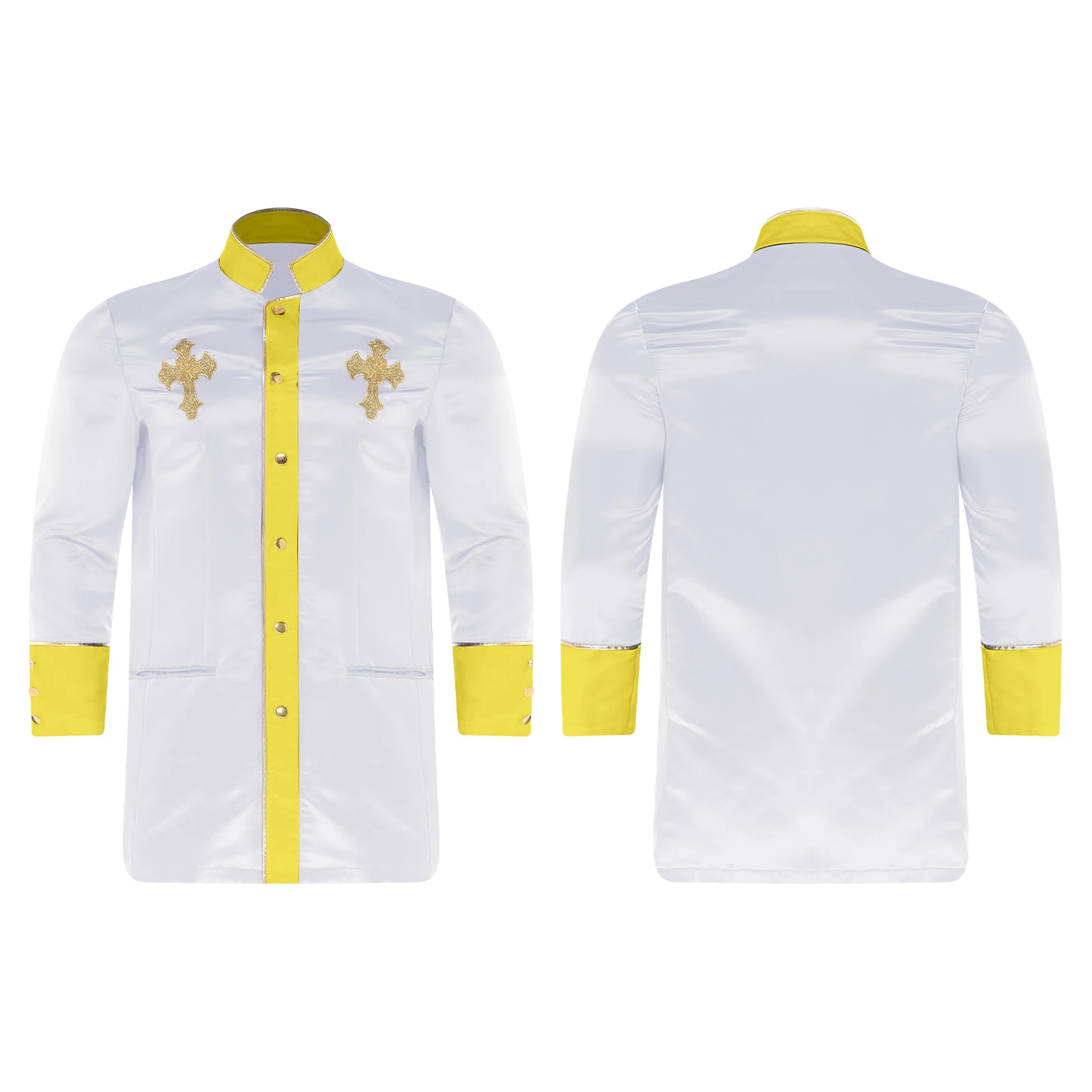 

Men Worship Christianity Clergy Priest Cosplay Jackets Robe Cross Embroidery Long Sleeve Satiny Shirt for Halloween Carnival