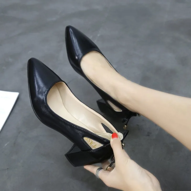 Women's Chunky Heel Pumps Pointed Toe Slip on Back Cutout Bow Knot Decor Smooth Finish Dressy Office Party Elegant Daily Shoes