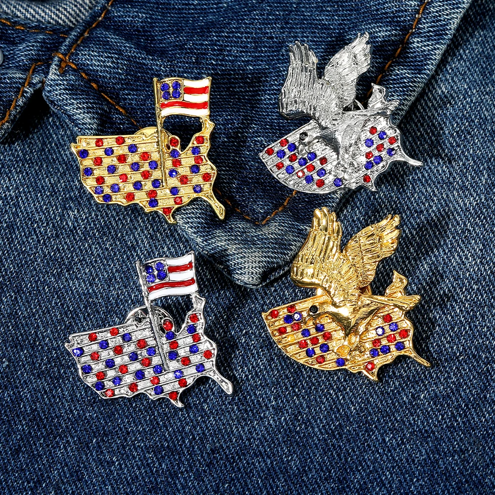 Statement America Map Theme Crystal Lapel Pins Bald Eagle Flag Design Rhinestone Brooches For Americans Jewelry Wholesale