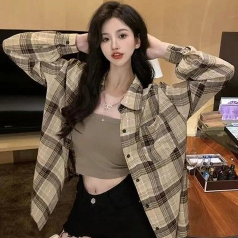 Xpqbb Pink Plaid Blouses for Women Korean Fashion Long Sleeve Check Shirt Ladies Autumn New Casual Loose Single-breasted Shirts