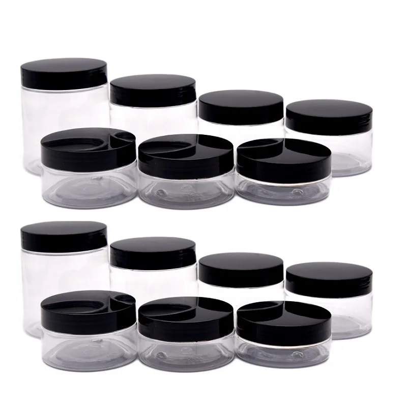 24Pcs Clear Face Cream Jar Plastic Containers 50g 80g100g120g150g200g250g Shiny Black White Lid Cosmetic Pot Wide Mouth Bottles