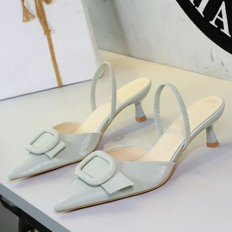 BIGTREE Women's Fresh Style Pointed Toe Stiletto Sandals with Buckle Strap Open Back Ankle Strap, 8cm Heel Beige Indoor Casual