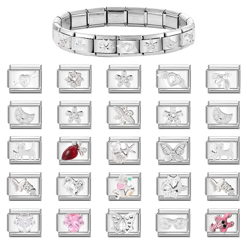 Shiny Zircon Radish Butterfly Star Moon Heart Italian Charm Links Fit 9mm Stainless Steel Bracelet Women Jewelry DIY Making Gift