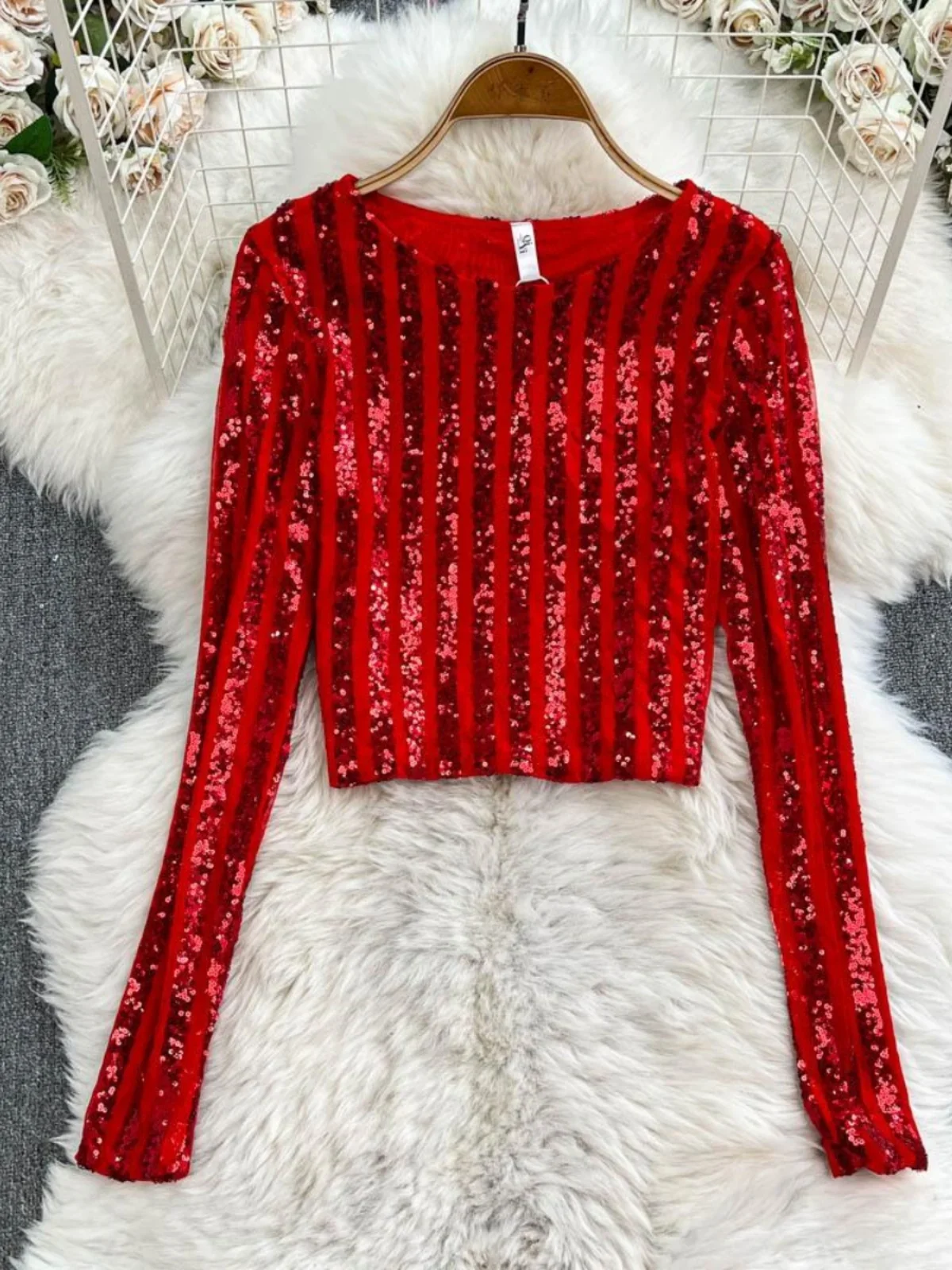 High-End Zwaargewicht Sequin Splice Me Lange Sve Ronde Ne T-shirt Vrouwen Lente Zomer Nieuwe Afslanken Top Koreaanse sle