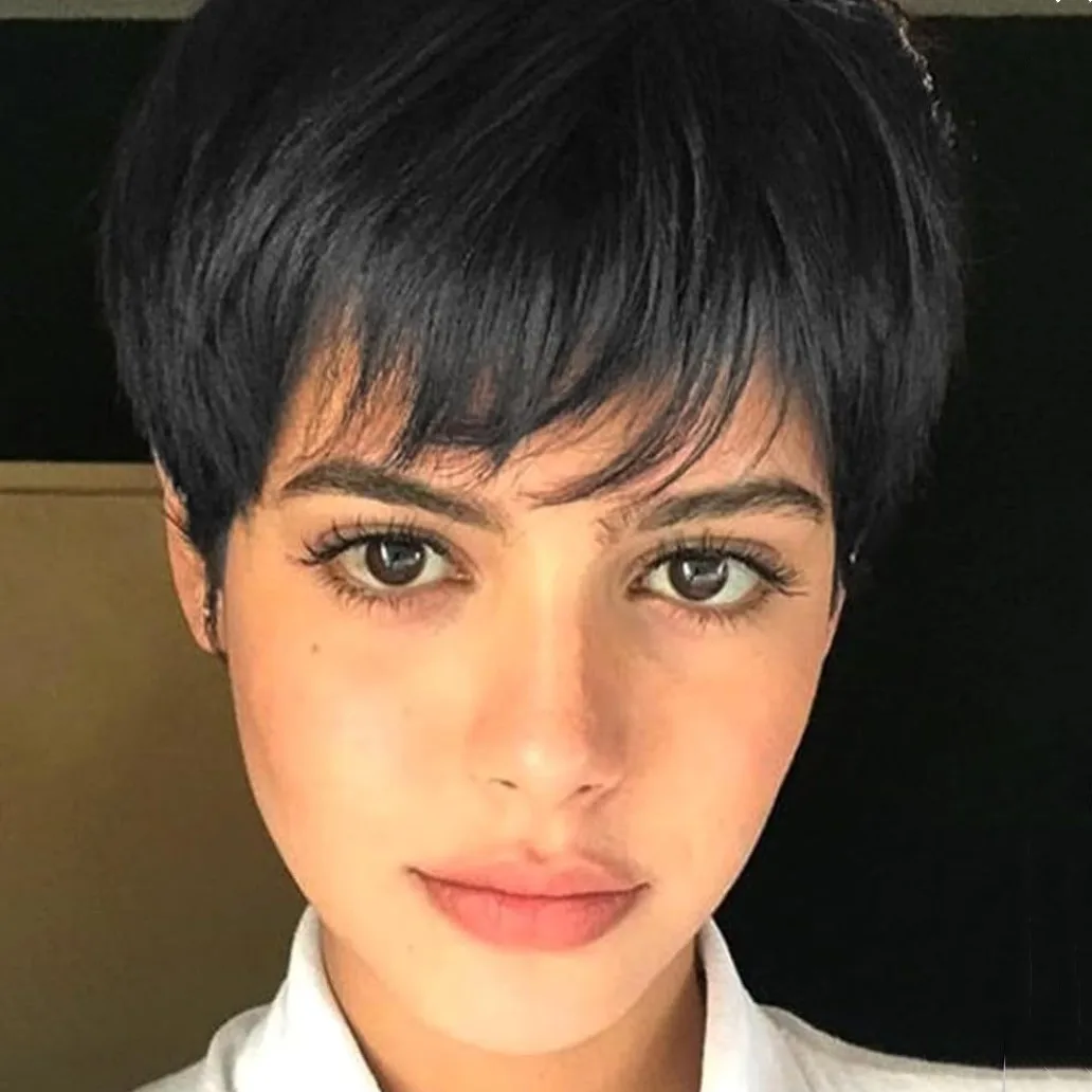 여성용 짧은 픽시컷 가발, 인모 레이어드 풀머신메이드 가발