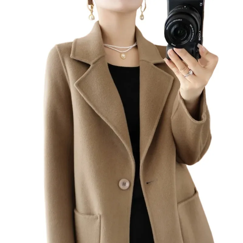 حجم كبير المرأة طويلة الأكمام لون نقي معطف الصوف سليم صالح ربيع 2025 نمط جديد صغير الحجم الراقية تنوعا العصرية #5