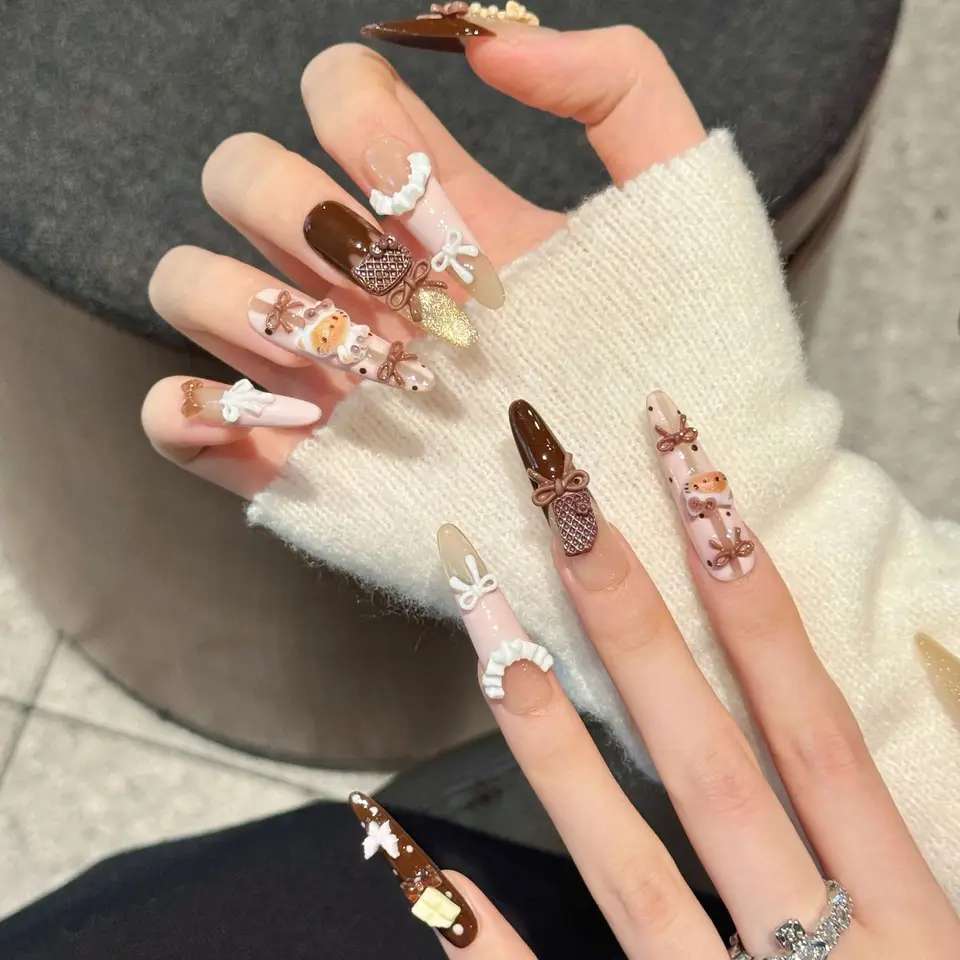 10 piezas de uñas postizas en forma de estilete, hechas a mano, dulces de otoño, ballet, polvo marrón, ojo de gato, lindas, ideales para fiestas y uso diario 2