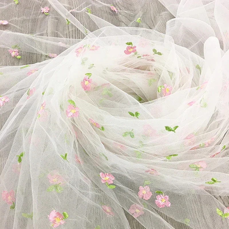 160x45cm Small Pink Flower Embroidered Mesh Fabric For Girls Princess Dress Tulle Handmade DIY Clothing Decoration Fabric TJ9656