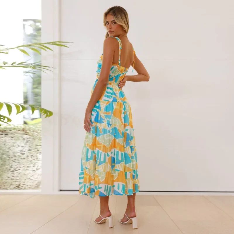 Strandjurk voor dames, sexy maxi-jurk zonder rug, vakantie-halter-zonnejurk met hoge split en bloemenprint, Boho-feestjurk aan zee